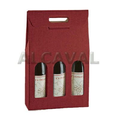 Caja para 3 botellas de vino, color granate (Burdeos) de 27 x 9 x 38 centímetros.