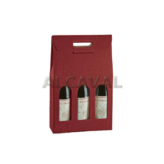 Caja para 3 botellas de vino, color granate (Burdeos) de 27 x 9 x 38 centímetros.